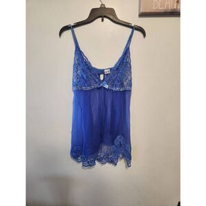 Vintage FREDERICKS OF HOLLYWOOD Babydoll Chemise Slip Sz 1X Blue Lace Sheer